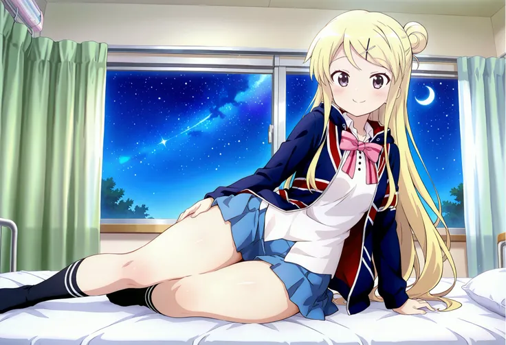 1girl , unwellness(autonomic nervous system disorder and depression) smile thick thighs Kujou Karen very long hair , blonde hair , single hair bun , hairclip , x hair ornament , sidelocks , side swept bangs , black eyes , white shirt , collared shirt , uni...