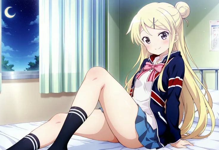 1girl , unwellness(autonomic nervous system disorder and depression) smile thick thighs Kujou Karen very long hair , blonde hair , single hair bun , hairclip , x hair ornament , sidelocks , side swept bangs , black eyes , white shirt , collared shirt , uni...