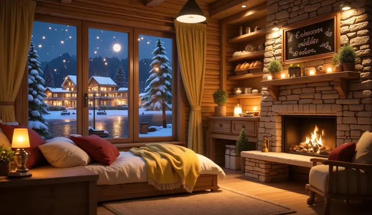 Warm room with a white blanket, with pillows and blankets hugging the pillow , cozy wallpaper, nơi cozy, phòng cozy , cozy environment,distant landscape painting with reverse view , warm chalet in warm light yellow tones , there is a built-in modern firepl...