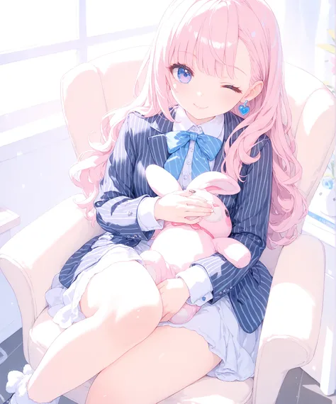 winking, wink, A middle school girl who is the boss of a powerful gang, wearing an oversized blue pinstripe suit that hangs loosely on her small frame. A fluffy white stole wraps around her neck. She sits on an elegant leather chair, hugging a rabbit plush...