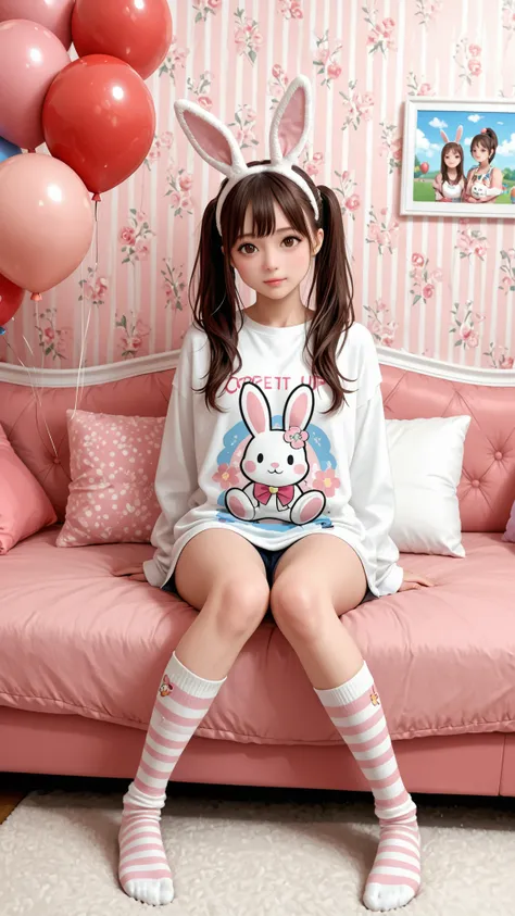 score_9, score_8_up , score_7_up , score_9,Score_9, Score_8_up , Score_7_up ,Create a two-dimensional private picture, highlight the double ponytail, rabbit ear headband, striped socks, anime pillow, and use the pink room (floral wall, balloons) to create ...