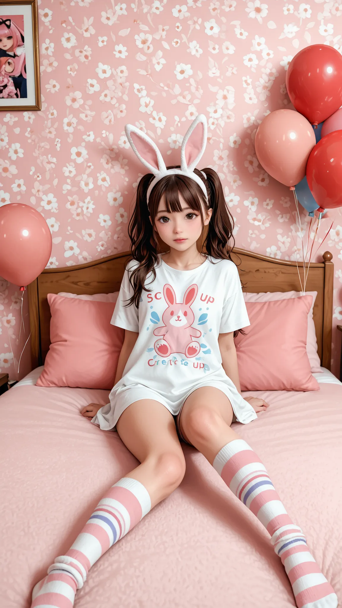score_9, score_8_up , score_7_up , score_9,Score_9, Score_8_up , Score_7_up ,Create a two-dimensional private picture, highlight the double ponytail, rabbit ear headband, striped socks, anime pillow, and use the pink room (floral wall, balloons) to create ...