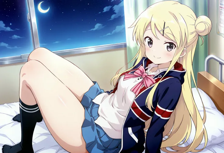 1girl , unwellness(autonomic nervous system disorder and depression) smile thick thighs Kujou Karen very long hair , blonde hair , single hair bun , hairclip , x hair ornament , sidelocks , side swept bangs , black eyes , white shirt , collared shirt , uni...