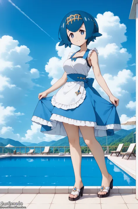 1lana1, short hair, blue hair, blue eyes,nsfw, Best Quality，masterpiece， super high definition, Super detailed, 8k，Genuineな質感，Genuineな写真，Genuine，( amazingly cute Japanese woman standing on tiptoes)，,Sexy maid outfit, Big Breasts, miniskirt, emphasizes ches...