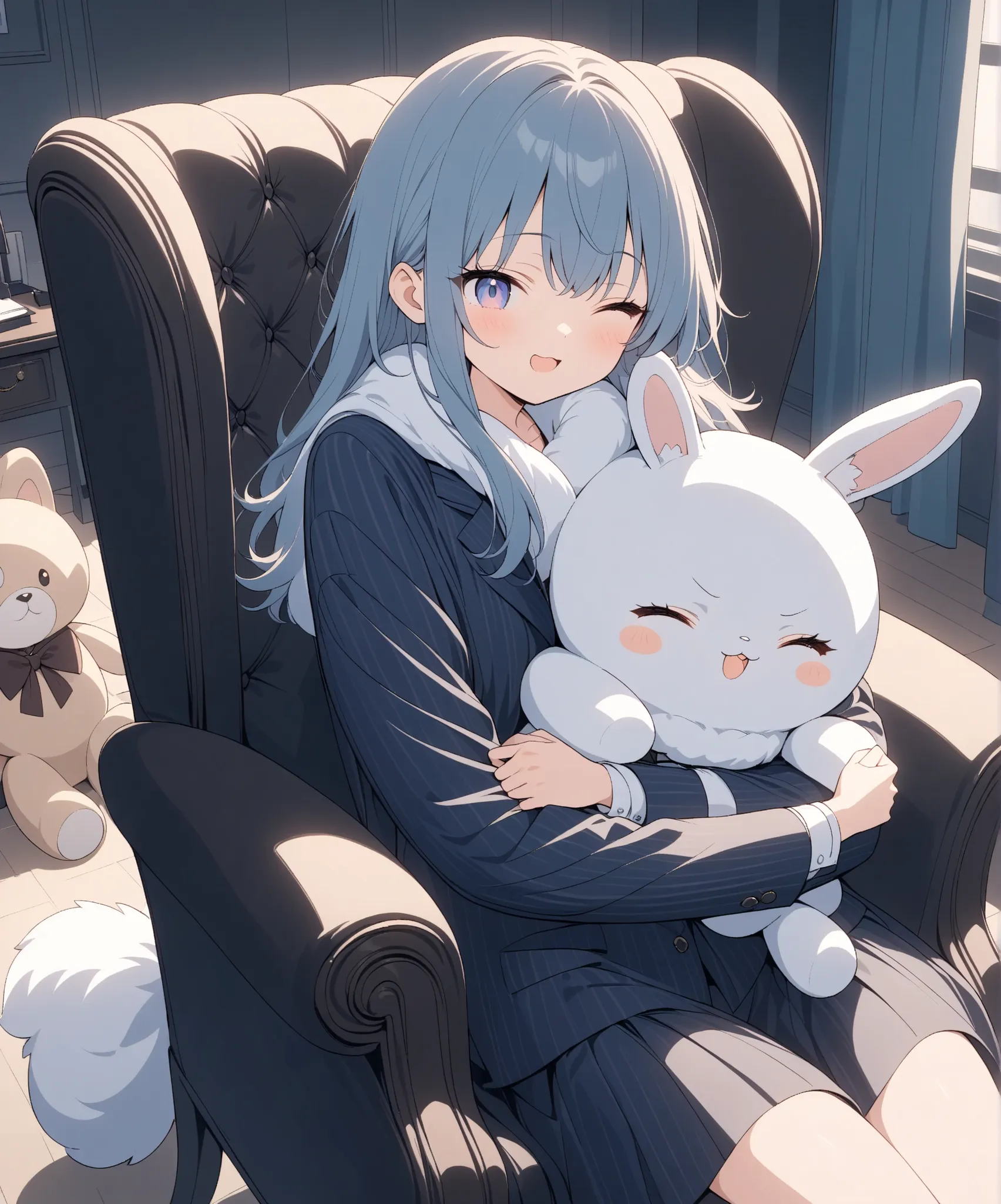 winking, wink, A middle school girl who is the boss of a powerful gang, wearing an oversized blue pinstripe suit that hangs loosely on her small frame. A fluffy white stole wraps around her neck. She sits on an elegant leather chair, hugging a dog plush to...