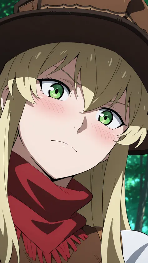 doya,masterpiece, best quality, newest, absurdres, very aesthetic,, 1girl, solo,

Close-up, face only, view from below,

(blonde hair, long hair, bangs between eyes, sidelocks), green eyes,

(brown wide-brim hat), brown vest, white undershirt, (red scarf, ...