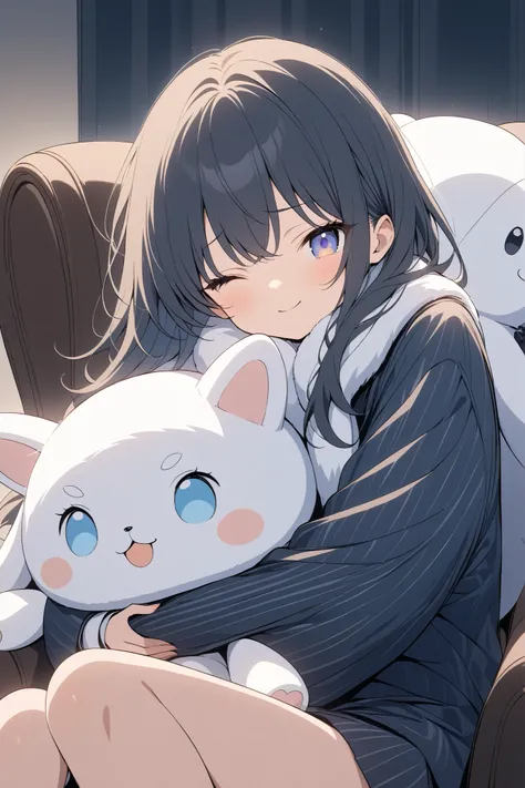 winking, wink, A middle school girl who is the boss of a powerful gang, wearing an oversized blue pinstripe suit that hangs loosely on her small frame. A fluffy white stole wraps around her neck. She sits on an elegant leather chair, hugging a dog plush to...