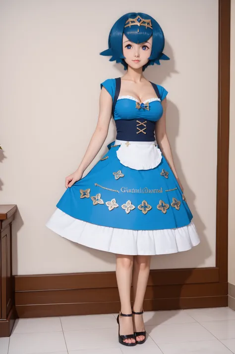 1lana1, short hair, blue hair, blue eyes,nsfw, Best Quality，masterpiece， super high definition, Super detailed, 8k，Genuineな質感，Genuineな写真，Genuine，( amazingly cute Japanese woman standing on tiptoes)，,Sexy maid outfit, Big Breasts, miniskirt, emphasizes ches...