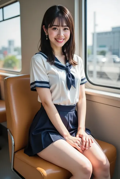 masterpiece, High resolution, Ultra High resolution, 4K, perfect hands,Black Hair, Japanese Girls, big breast, Navy blue Uniform skirt, White shirt, bow tie, Accentuate your thighs, White thighs, Soft thighs, Shiny thighs, Sitting on a train, Facing angle,...