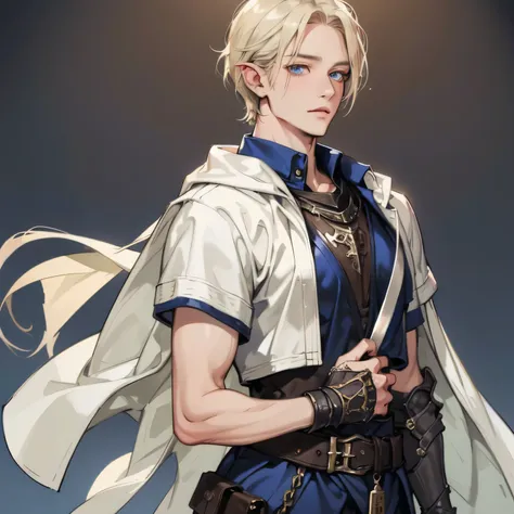 (超high resolution、high resolution、Super Detailed、HDR)、masterpiece、top quality、fantasy game worldview、character:One person、solo、adults、blonde、short hair、blue eyes、thin eyebrows、 Slim。Smile、upper body、Up to the waist、 is elegant。Slightly Above Angle、Costume:...