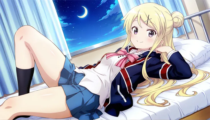 1girl , unwellness(autonomic nervous system disorder and depression) smile thick thighs Kujou Karen very long hair , blonde hair , single hair bun , hairclip , x hair ornament , sidelocks , side swept bangs , black eyes , white shirt , collared shirt , uni...