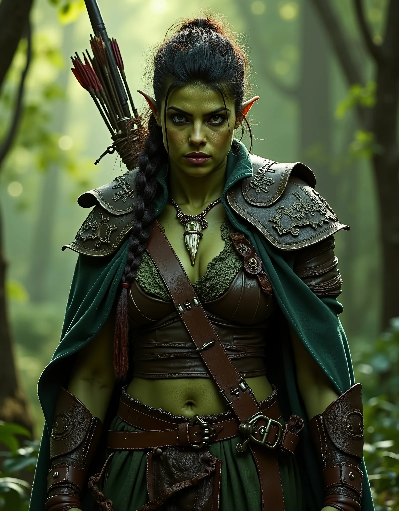This image features a detailed, medium shot of a female orc character with a fantasy huntress aesthetic, set against a verdant forest background. She does have green skin, suggesting she might be an orc, with pixie curly hair. (((ATTENTION: She have visibl...