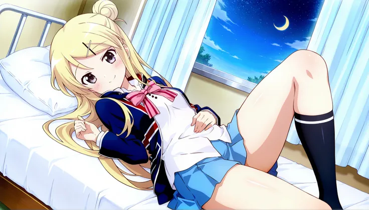 1girl , unwellness(autonomic nervous system disorder and depression) smile thick thighs Kujou Karen very long hair , blonde hair , single hair bun , hairclip , x hair ornament , sidelocks , side swept bangs , black eyes , white shirt , collared shirt , uni...