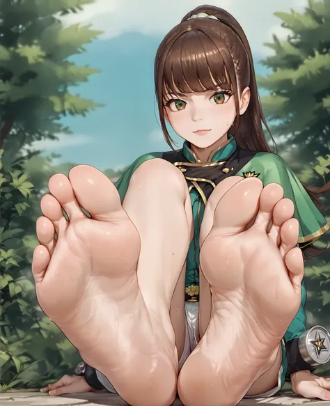 senauniform, green eyes, white shorts capelet,,brown eyes, long hair, ponytail,senahayami, , masterpiece, ultra high resolution, womanhood,  A look of satisfaction,  feet away, Barefoot, Barefoot, can see the bottom of the foot, My feet are sweaty and stuf...
