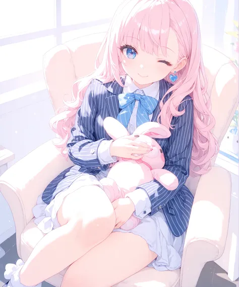 winking, wink, A middle school girl who is the boss of a powerful gang, wearing an oversized blue pinstripe suit that hangs loosely on her small frame. A fluffy white stole wraps around her neck. She sits on an elegant leather chair, hugging a rabbit plush...