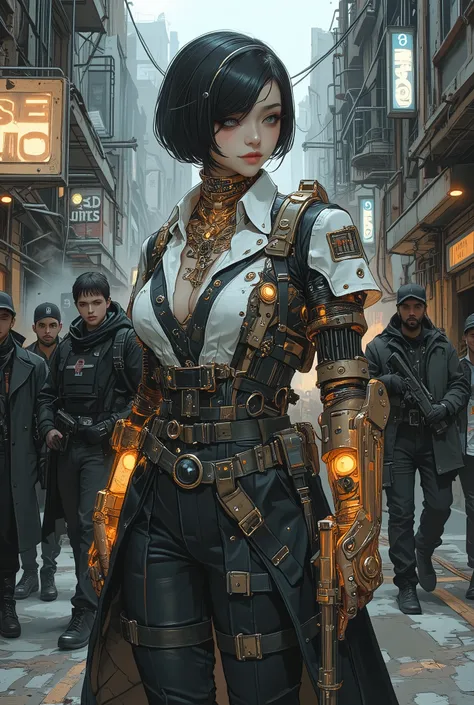 A cute cyberpunk gangster boss girl in the style of a dystopia, possessing a kawaii and at the same time frightening appearance, smiling condescendingly at the viewer. She has advanced cybernetic modifications—an open mechanical spine, synthetic leather pa...