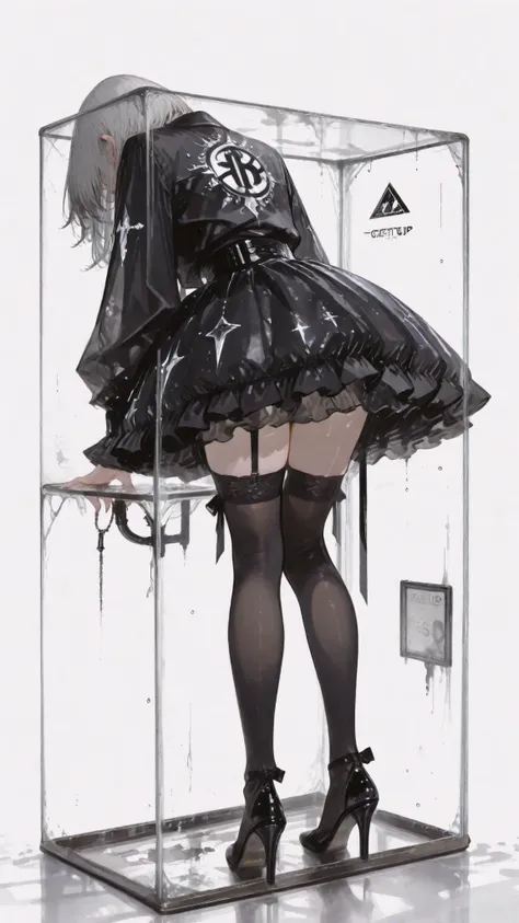 score_9, score_8_up , score_7_up , score_9,Score_9, Score_8_up , Score_7_up ,Create a fashionable urban scene, highlighting the black diamond-decorated top, white puffy skirt, black stockings, and transparent high heels, and use indoor glass furniture and ...