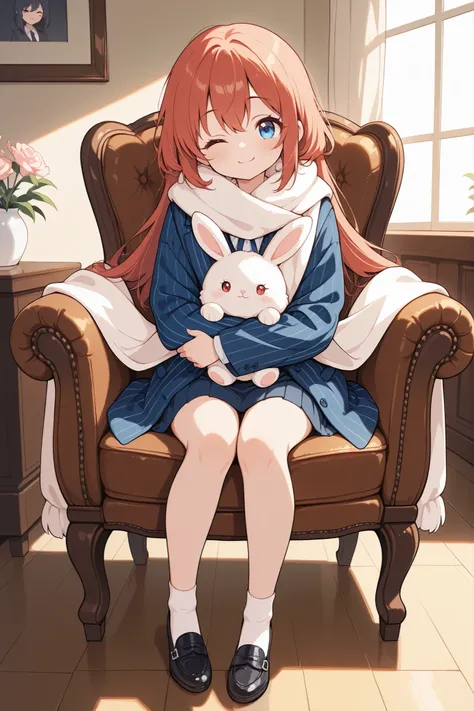 winking, wink, A middle school girl who is the boss of a powerful gang, wearing an oversized blue pinstripe suit that hangs loosely on her small frame. A fluffy white stole wraps around her neck. She sits on an elegant leather chair, hugging a rabbit plush...
