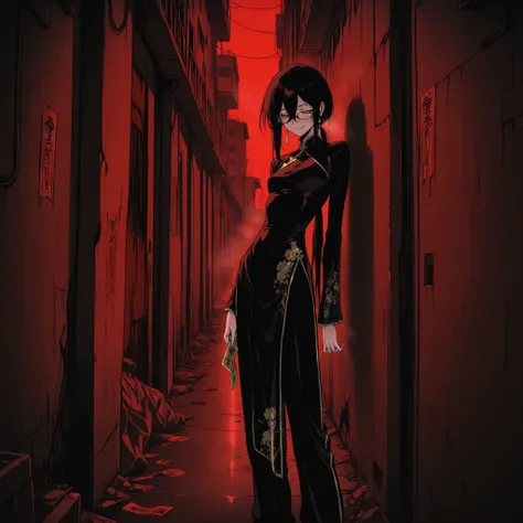 masterpiece, best quality, amazing quality, very aesthetic, foreshortening, 1 girl, teenage, taoist, wearing black and gold cheongsam, black long pants, very long sleeves, have black hair, long bangs, low ponytail, extremely long ponytail, narrowed eyes, y...