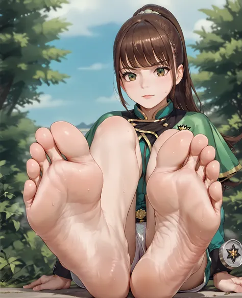 senauniform, green eyes, white shorts capelet,,brown eyes, long hair, ponytail,senahayami, , masterpiece, ultra high resolution, womanhood,  A look of satisfaction,  feet away, Barefoot, Barefoot, can see the bottom of the foot, My feet are sweaty and stuf...