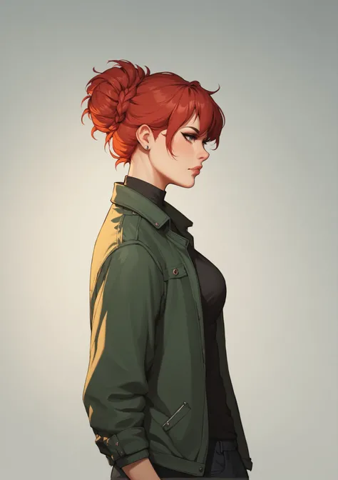 This image depicts a woman with long, wavy, red hair and fair skin. She has a serious or contemplative expression on her face and is dressed in a green, casual jacket with a slightly distressed look. The background appears to be dimly lit and somewhat rust...
