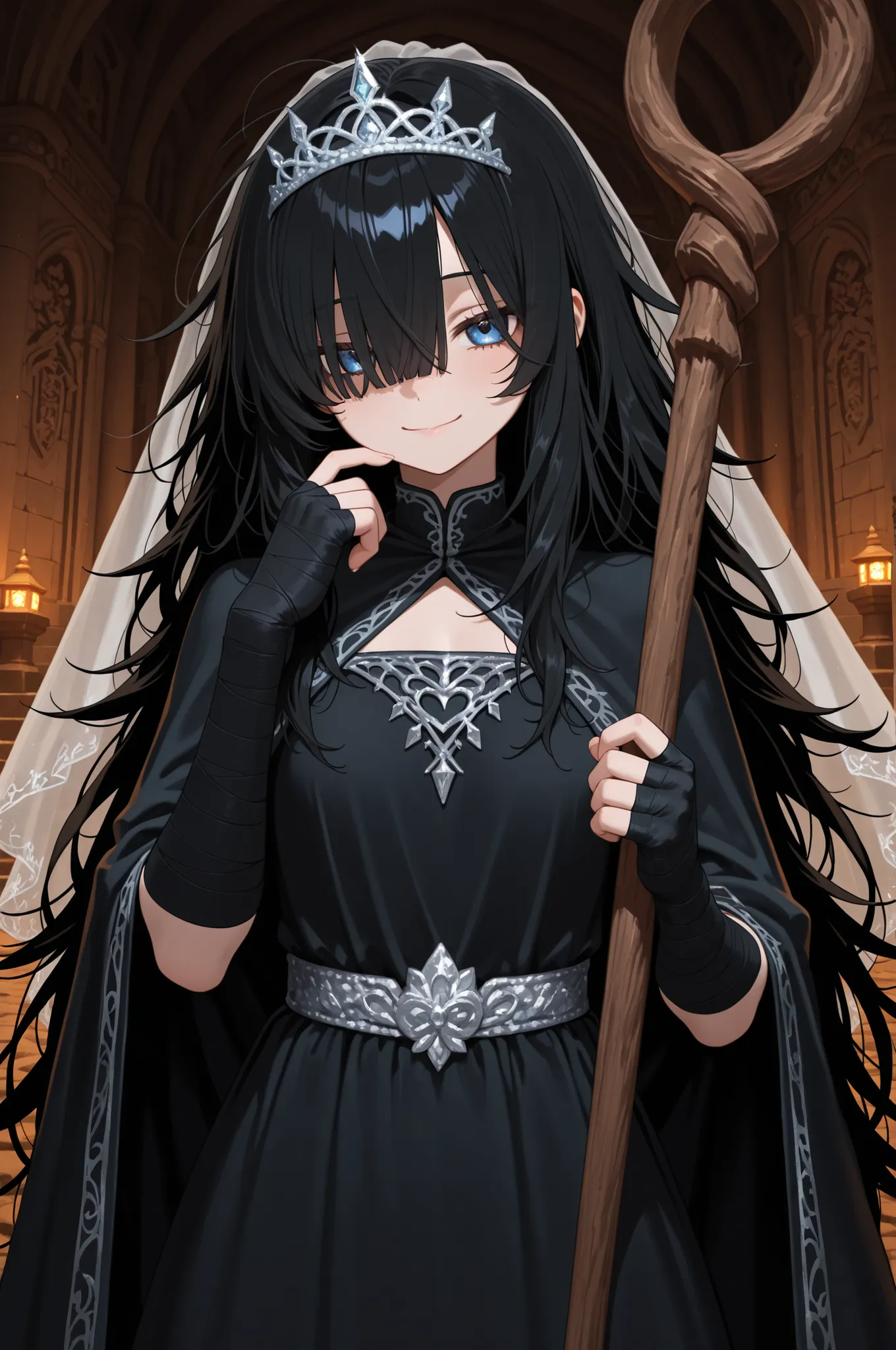 14 years old girl, close-up, dark black hair, long hair, messy hair, hair over face, very long bangs, blue eyes, big eyes, seductive smile, flat chest, muscled body, modest dress, silver tiara, veil, cape, black fingerless bandage hands, wood staff, temple...