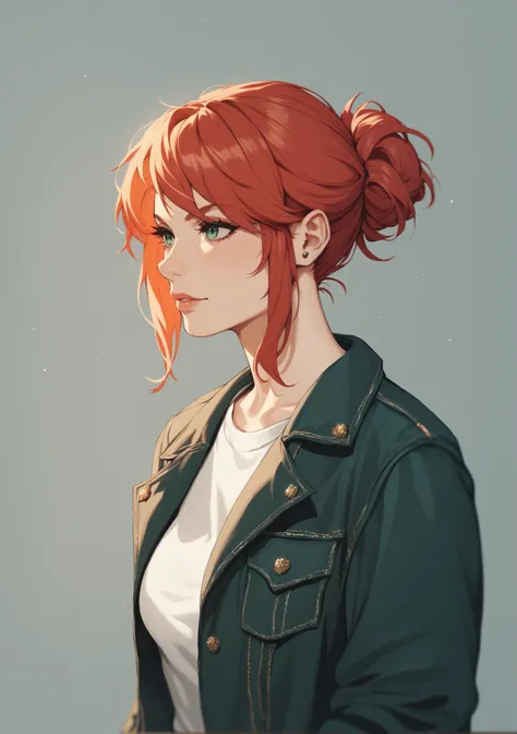 This image depicts a woman with long, wavy, red hair and fair skin. She has a serious or contemplative expression on her face and is dressed in a green, casual jacket with a slightly distressed look. The background appears to be dimly lit and somewhat rust...