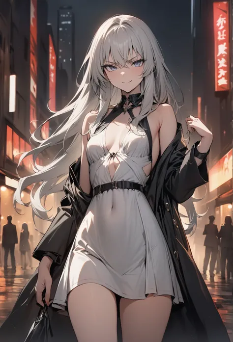 ((masterpiece, top quality:1.2)),(soro),cowboy shot,Slender female mafia,Standing in the city at night, Silver Hair,long hair,perfect eyes,Beautiful skin,small breasts,white dress,black heels,Serious smile