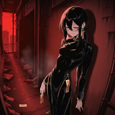 masterpiece, best quality, amazing quality, very aesthetic, foreshortening, 1 girl, teenage, taoist, wearing black and gold cheongsam, black long pants, very long sleeves, have black hair, long bangs, low ponytail, extremely long ponytail, narrowed eyes, y...