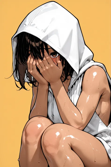 1girl,Super Detailed,absolute resolution,(dynamic angles),(tanned skin:0.5),(tanlines:0.3),portrait,((pinup)),standing,,(Pull the hood with both hands:1.5),(Hide own Eyes:1.5),(naked sleeveless Knee-length white long hoodie:1.5),detailed and beautiful face...