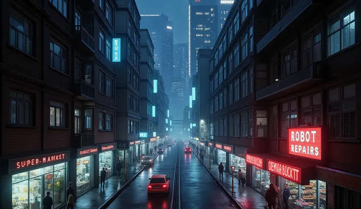 Establishing shot, extra wide shot, bird's eye view, Inner-city street with pedestrians walking the street looking at shop windows and other people, cars passing in the street, In a neat row of buildings along the street is a seven storey apartment buildin...