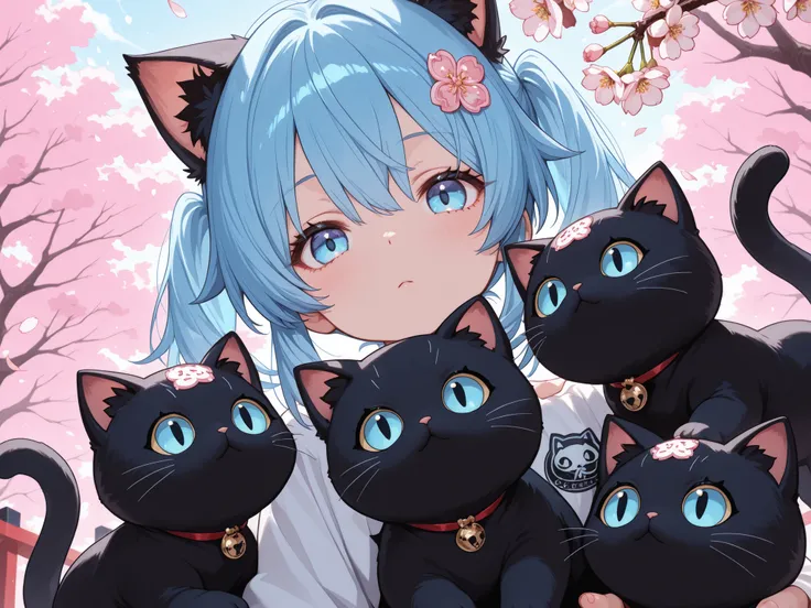 Black baby cat logo, bright blue eyes,  Surrounded by cherry blossoms 