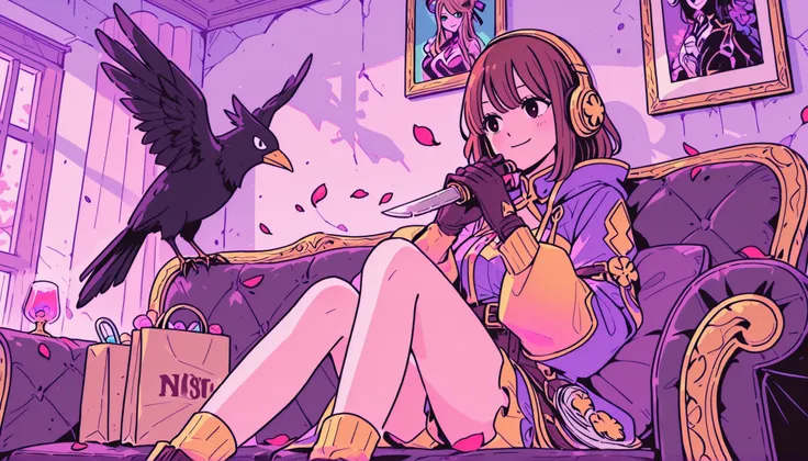 A beautiful anime boy with gentle almond eyes and smooth brown hair, I'm listening to music with headphones,wearing a custom-made pastel suit、with a pale smile that doesn't reach his eyes. He's sitting alone on a carpeted antique sofa under indirect lighti...