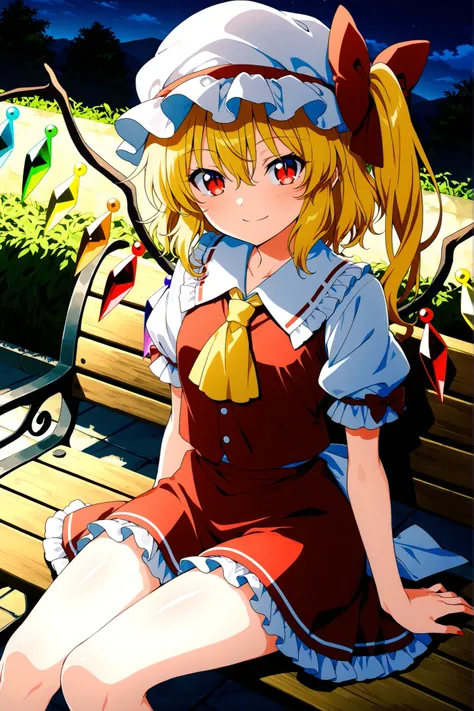 top_quality, super_high_quality, delicate_drawing, flat_anime_style, anime_coloring, anime_screencap, look_away, close_angle, 1girl, cool,  flanN, Flandre_Scarlet_Touhou, red_eyes, blonde_hair, short_hair, hair_between_eyes, side_ponytail, hat, hair_bow, w...