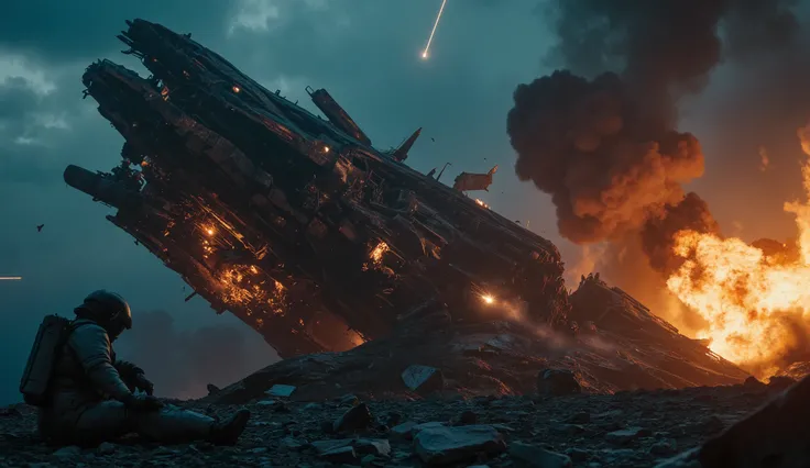Masterful apocalyptic science fiction photography, photorealistic deep view of a fragmented wreck of a bizarre alien Spaceship, That hangs down on a dark, barren alien planets and broken into a chaos of ominously towering metal shrapnel on a sharp-edged ro...