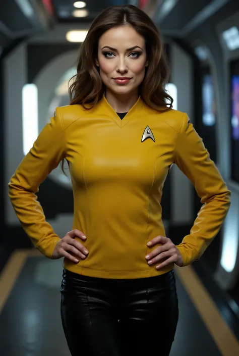 woman, hourglass figure, (slight smile), wearing tight yellow leather Star Trek SNW uniform, (black leather pants:1.37), starship quarters, seductive pose, striking, expressive look, alluring look, determined look, strong eyeliner, mesmerizing eyes, elegan...