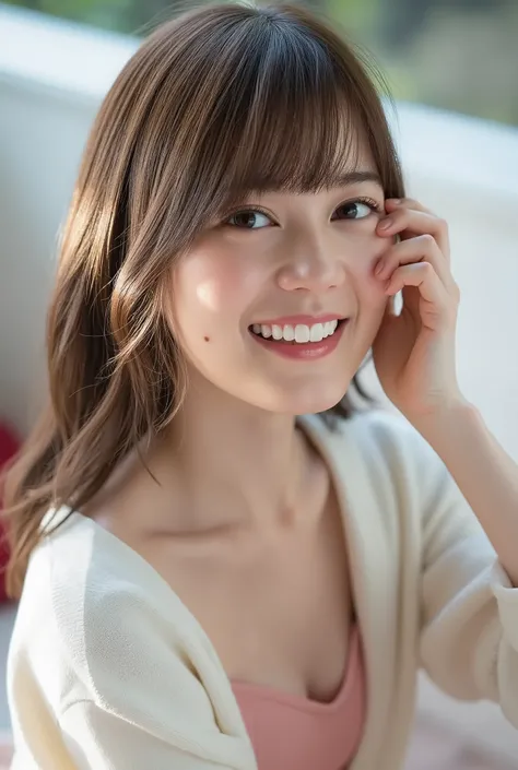 Ikuta Erika, Bang, smile, Young and  cute Japanese faces ,   Official Art for 4 People ,  High Definition CG Unity 8k Wallpaper,  ultra high precision ,  very detailed, Half photo ,  film grain ,  lens flare glow ,  top quality ,8k, Viewer , (( masterpiece...