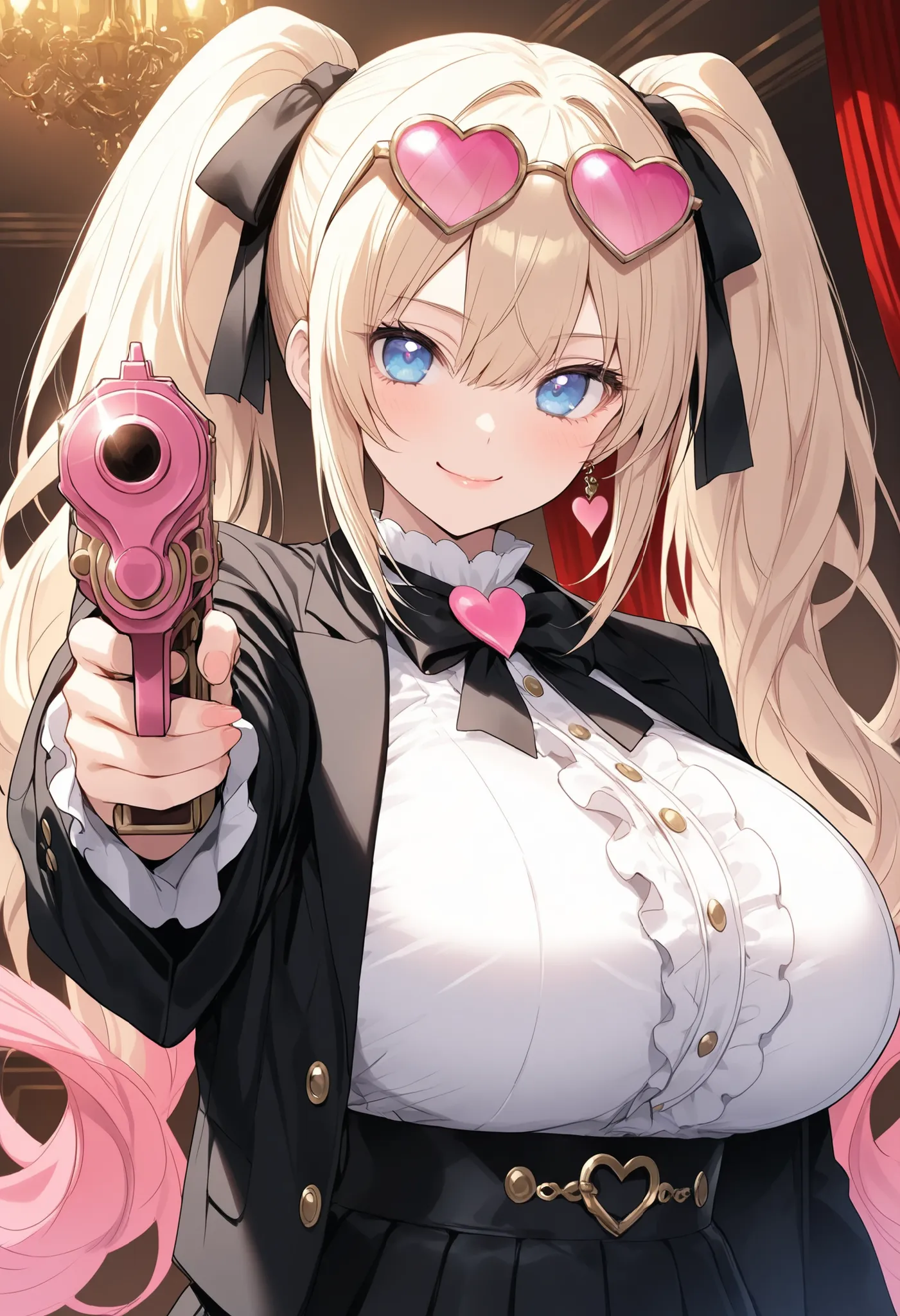 masterpiece, best quality, ultra-detailed, illustration, cinematic lighting,
(upper body:1.2), medium shot,
1girl, solo, cute face, sweet smile,
(huge breasts:1.2), large breasts,
long blonde hair, twintails, blue eyes,
(lolita fashion), black suit jacket,...