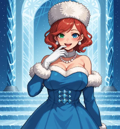 score_9, score_8_up, score_7_up, source_anime, 1girl, solo, pixel art, solo, redhead BREAK 

Short hair, red hair, wavy hair, swept bangs, , heterochromia, left_green_eye, right_blue_eye, large breasts BREAK  

edgwdc, winter clothes, gloves, hat, dress, b...