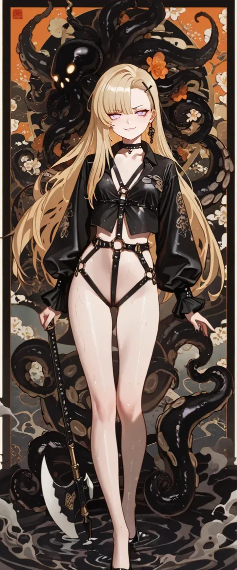 1girl, lavender eyes, jitome(0.5), lemon Blonde long hair, messy culry bob hair, Asymmetrical bangs, flat Breast, goth clothes, office suit, dress shirts, cropped top, black octopus, black octopus, black heavy tantacles, wet tantacles, flower pettern, Chok...