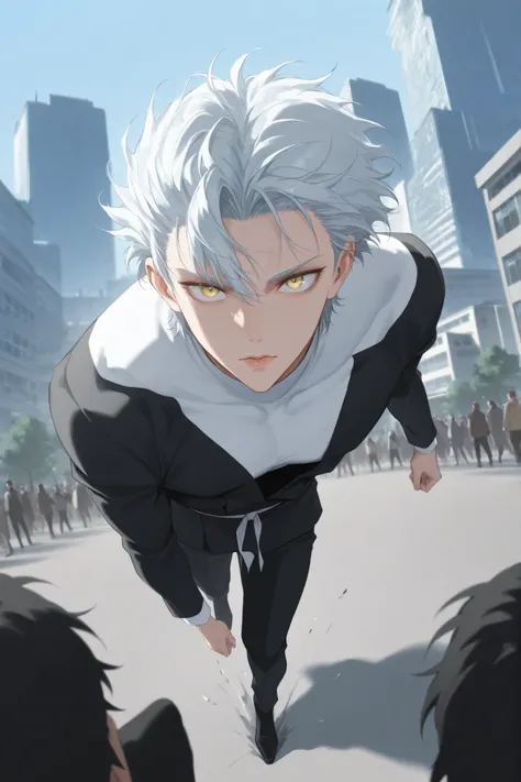 (man:100%) (close-up of a better masterpiece:0.5)0.9], (buildings and people:8:2) (Scattered silver hair:1) (Yellow and yellow eyes:1.2) (wolf cut:1.0) (by color in the eyes:1.0) (Shining brilliance:1.1) (thick lips jumping:0.9) (silver hair 1.0) (Full bod...