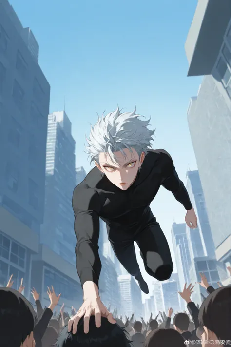 (man:100%) (close-up of a better masterpiece:0.5)0.9], (buildings and people:8:2) (Scattered silver hair:1) (Yellow and yellow eyes:1.2) (wolf cut:1.0) (by color in the eyes:1.0) (Shining brilliance:1.1) (thick lips jumping:0.9) (silver hair 1.0) (Full bod...