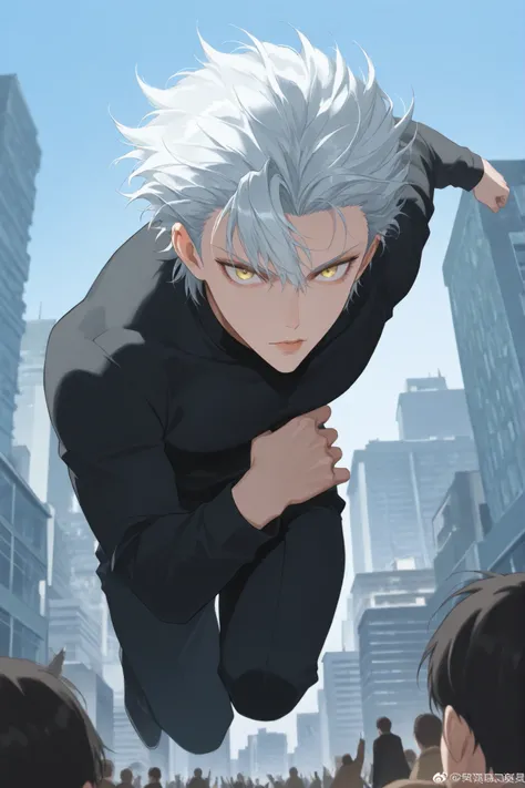 (man:100%) (close-up of a better masterpiece:0.5)0.9], (buildings and people:8:2) (Scattered silver hair:1) (Yellow and yellow eyes:1.2) (wolf cut:1.0) (by color in the eyes:1.0) (Shining brilliance:1.1) (thick lips jumping:0.9) (silver hair 1.0) (Full bod...