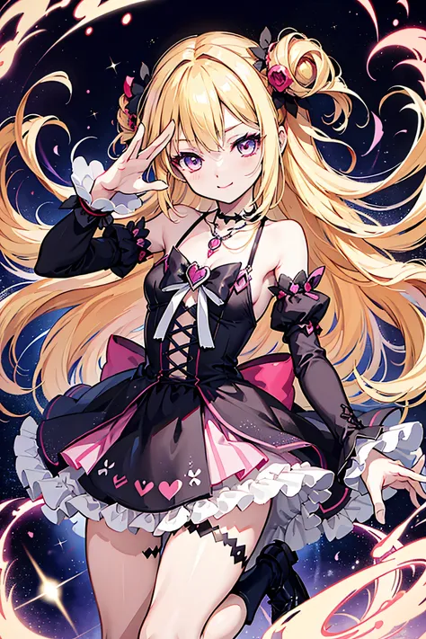Cute magical girl , ( Double Bomb , Brant Bang, Straight Blonde ), Smile, compensate, purple eyes, Small , Small curve body,Playful Gesture,black gothic bear top dress , necklace, ,Blood, (Super Accurate, Absolute determination, best quality...