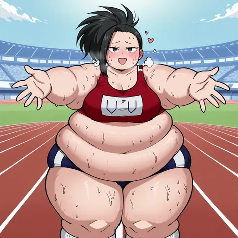 score_9, score_8_up, score_7_up, source_anime,
Yaoyorozu momo, black hair, black eyes, ponytail,
crop top, white socks, buruma, sports bra, sportswear, , sports bikini,
outdoors, track and field, stadium, full body shot,
looking at viewer, cowboy shot, sol...
