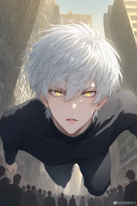 (man:100%) (close-up of a better masterpiece:0.5)0.9], (buildings and people:8:2) (Scattered silver hair:1) (Yellow and yellow eyes:1.2) (wolf cut:1.0) (by color in the eyes:1.0) (Shining brilliance:1.1) (thick lips jumping:0.9) (silver hair 1.0) (Full bod...