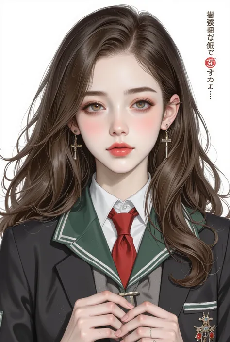 Girl, long wavy and flowing hair, brown blonde hair, olive brown eyes, sharp features, white skin, light cherry lips, beautiful, perfect, elegant looking, wearing a formal Japanese school uniform, bright colors, high quality resolution .