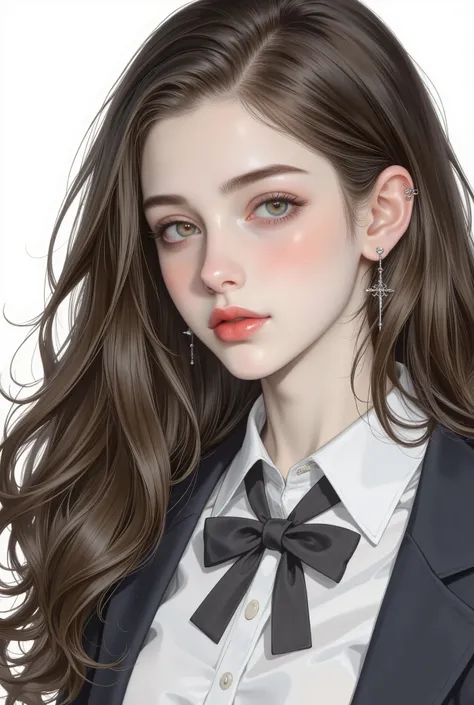 Girl, long wavy and flowing hair, brown blonde hair, olive brown eyes, sharp features, white skin, light cherry lips, beautiful, perfect, elegant looking, wearing a formal Japanese school uniform, bright colors, high quality resolution .