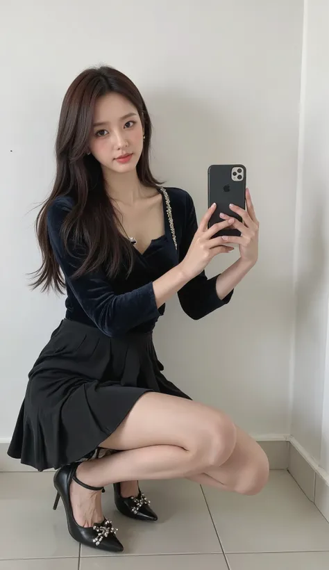 SS,BD, capture the model's full body, The face of a beautiful young Korean actress, high, beautiful long legs, Full Body,
 A pleated velvet mini dress、上身合身的女性的Full Body照片 , ，long sleeve，with subtle embellishments on her skirt . 。她穿着纯黑色紧身裤和细high跟鞋，is decora...