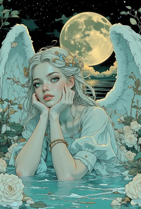 A beautiful white-winged angel lies horizontally in the water, among a multitude of snow-white roses, top view, large, beautiful light green eyes, long eyelashes, open mouth, delicate blush on pale skin, arms crossed over his chest, a branch of a beautiful...